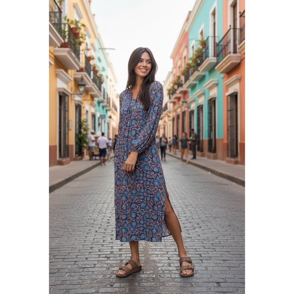 Natural Life Floral Maxi Dress Small Boho Blue Pink Long Sleeve NWT Fall Floral